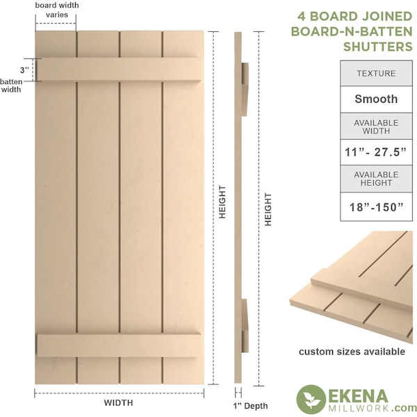 Rustic Four Board Joined Board-n-Batten Smooth Faux Wood Shutters (Per Pair), Primed Tan, 22Wx60H